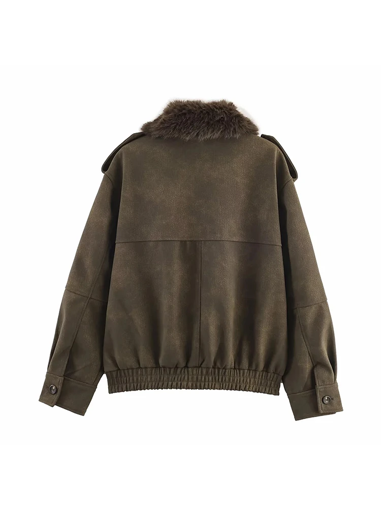 Nieuwe damesjas Legergroen Suède effect met lange mouwen Imitatiebontkraag Jas Casual Mode Veelzijdig Persoonlijk