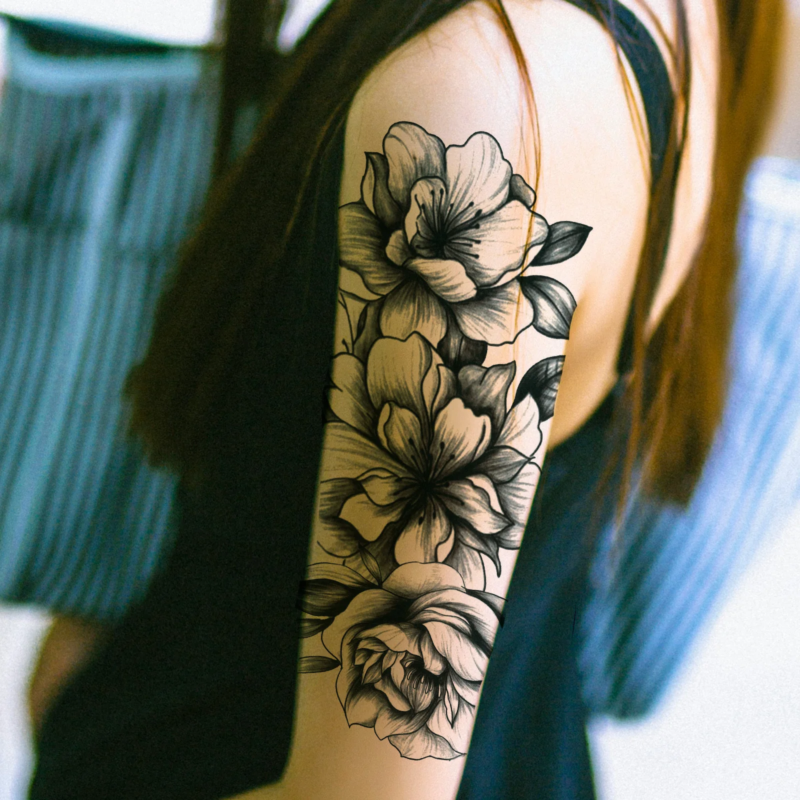 1pc Temporary Black Tattoo Patch Featuring Artistic Floral Patterns on The Body, Legs, and Arms, Lasting Up To 2 Days