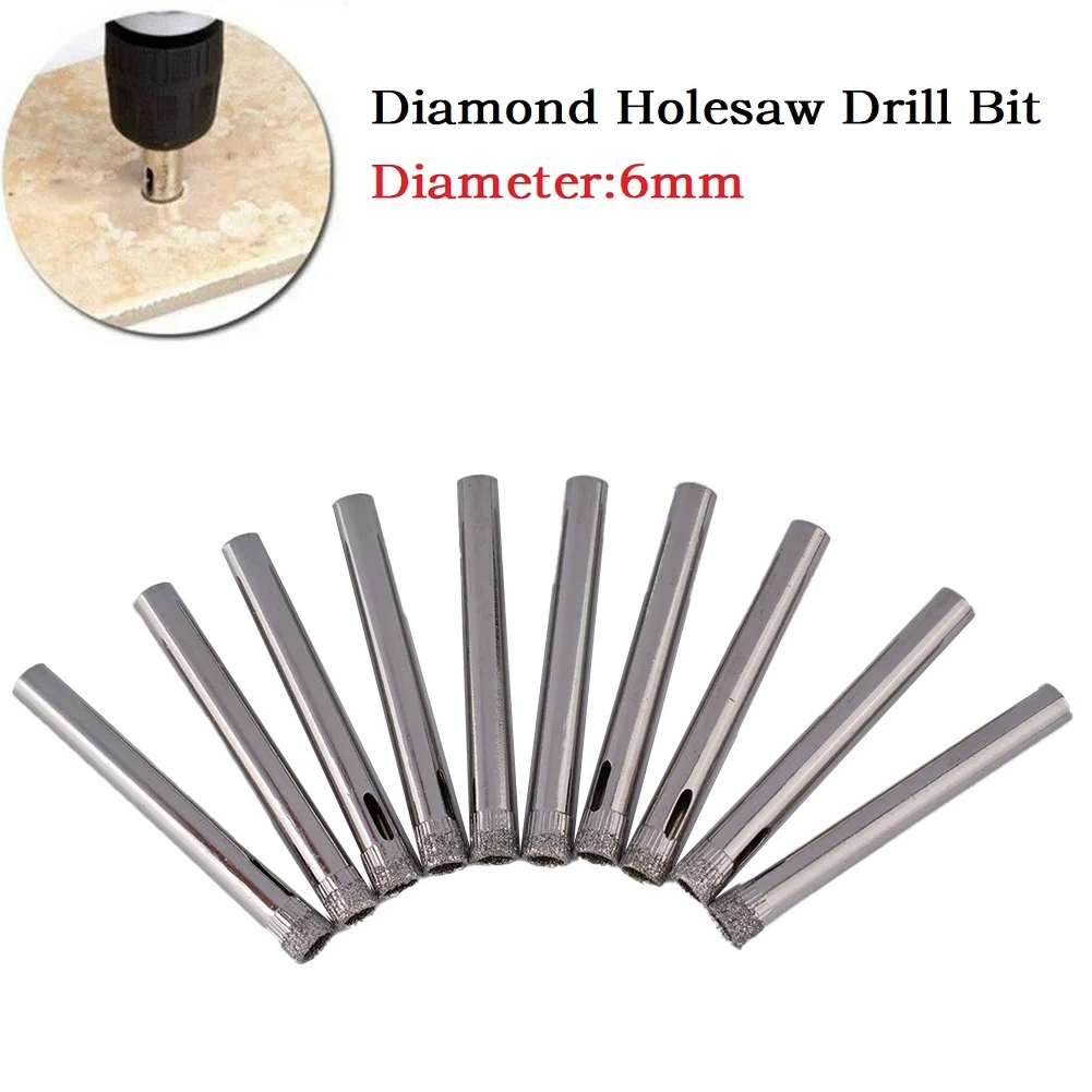 Broca de diamante revestido para vidro cerâmico e telha, Hole Saw, Hole Saw, Adequado para fazer furos em vidro e telha, 6mm, 5x0.6x0.6cm, 10Pcs