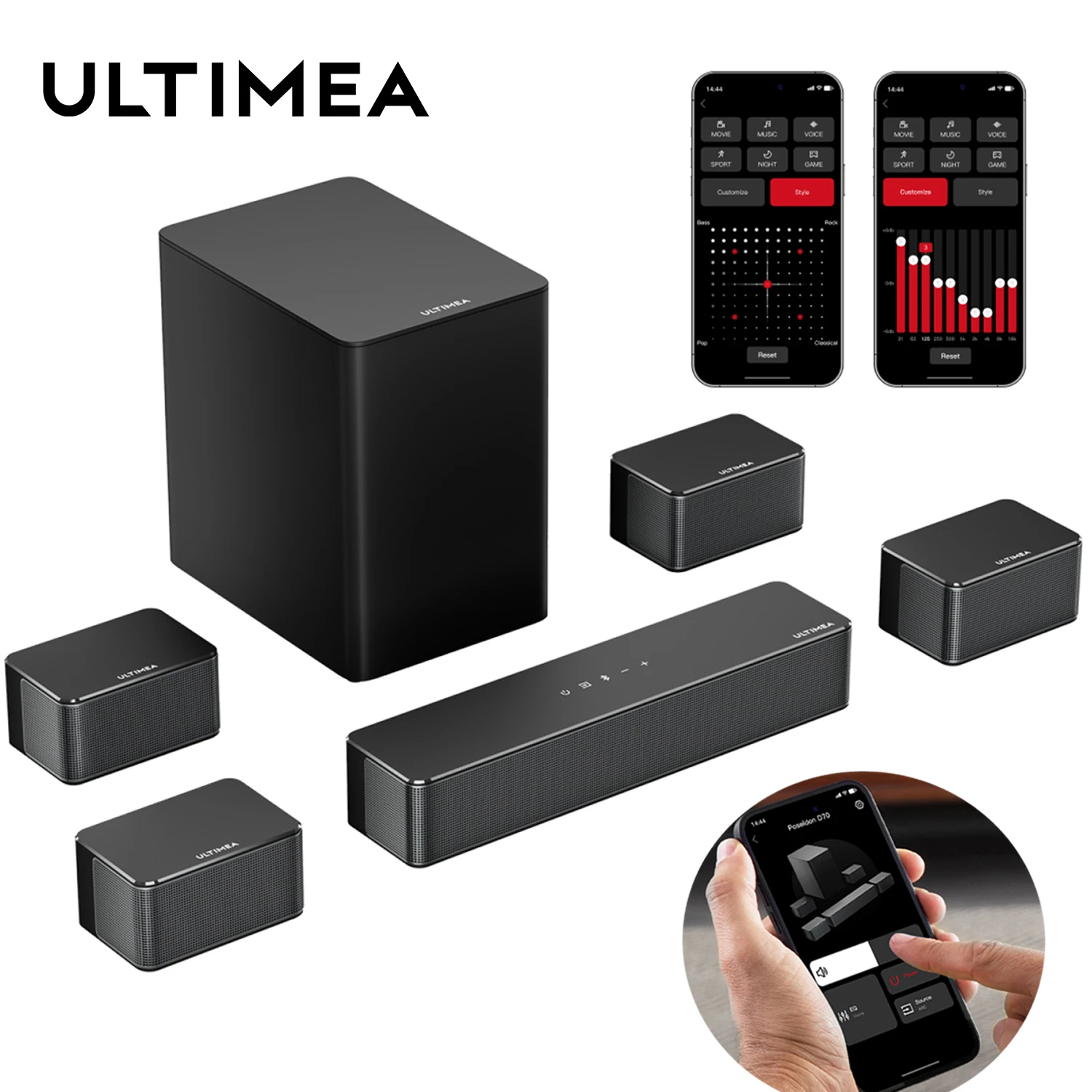 

ULTIMEA 410W 7.1 Soundbar for TV with Wireless Subwoofer with 4 Surround Speakers, APP Control, Home Theater Bluetooth Speakers