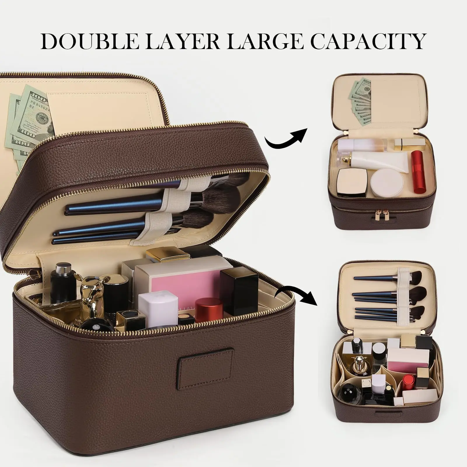 Grande Trousse de Toilette de Voyage Double Couche de Luxe en Cuir PU avec Poignée Supérieure et Compartiments Multiples