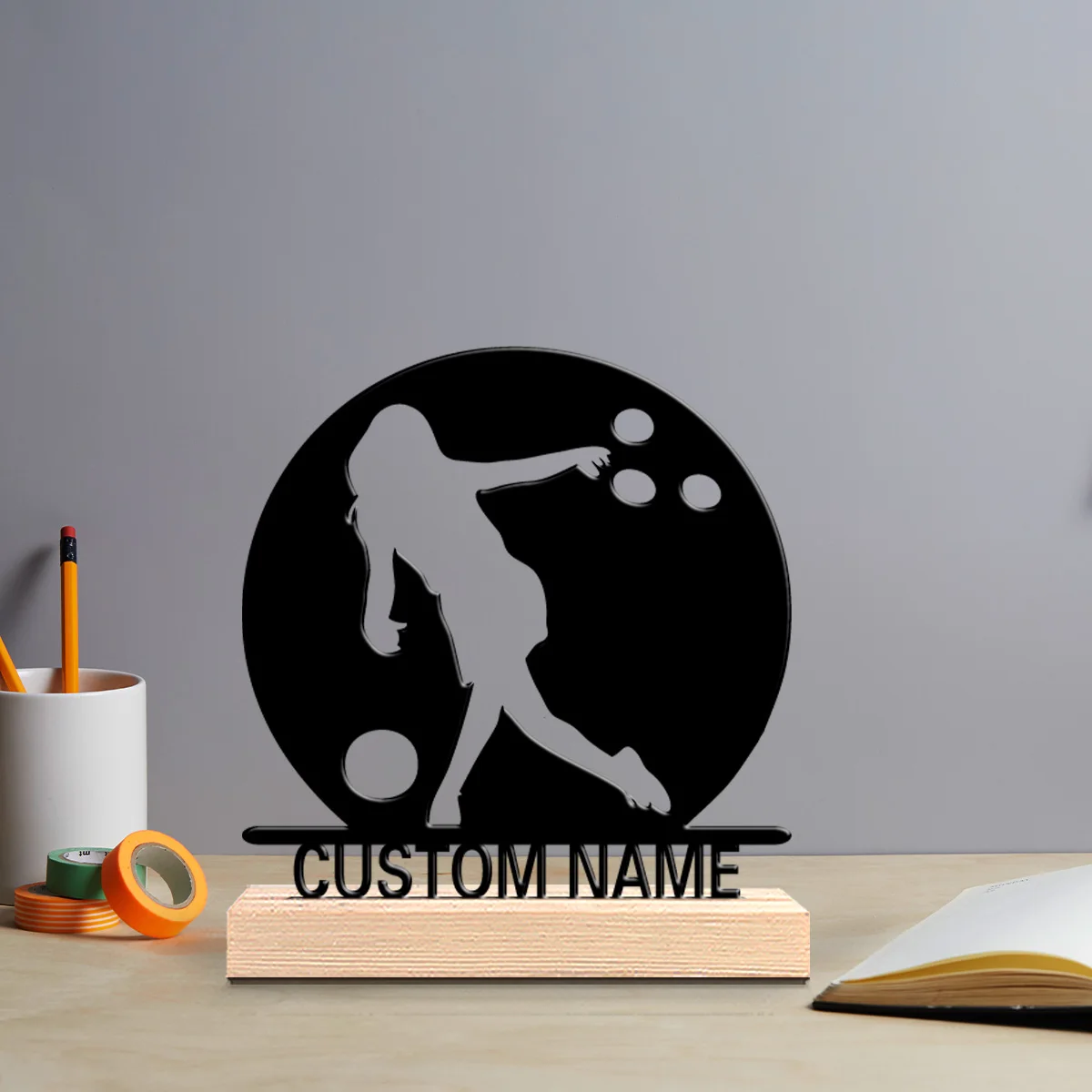 1pc Stylish Personalized Custom Female bowling player Iron Ornament Tin Sculpture With Wood Base For Children Gifts