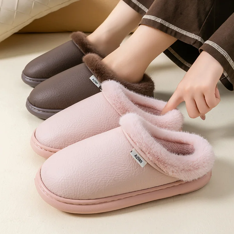 

Waterproof cotton slippers for men, new autumn and winter with plush insulation, anti slip home, indoor soft bottom for women