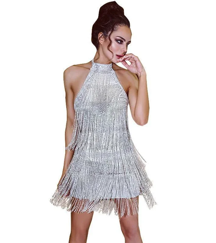 woman Tassel Sequin dancing Dress Sexy Summer Party Dress Silver Tassel Dress Latin Dance Costume