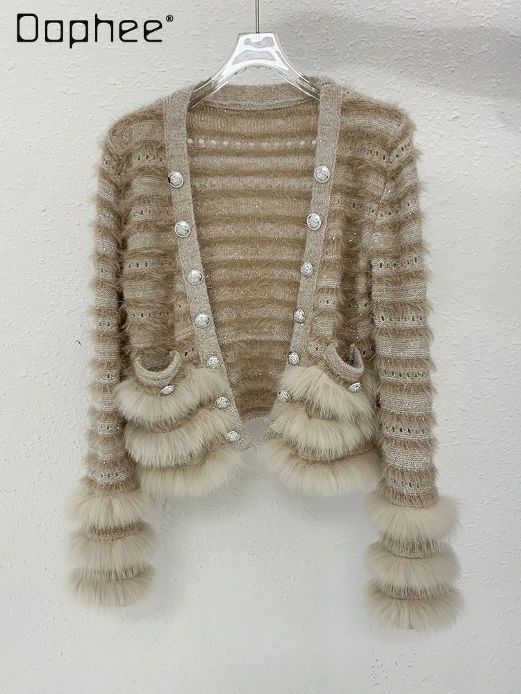 

High-end Fox Fur Coat Women Elegant Fashionable Shiny V-neck Single-breasted Loose Slim Knitted Cardigan Sweater Short Cardigan