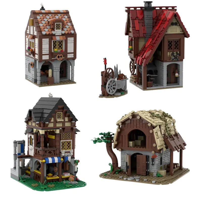 تجميع الجسيمات الصغيرة بناء لعبة المكعبات قلعة القرون الوسطى الحظيرة MOC-87196 708 قطعة 169454 مخبز بناء نموذج متجر الحداد v