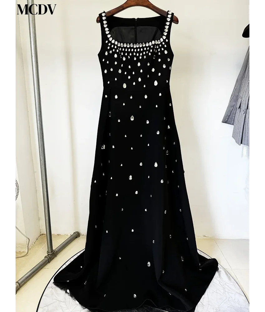 Aangepaste luxe jersey a-lijn kristallen avondjurk temperament vierkante hals mouwloos vloerlengte feestjurken aangepast formaat
