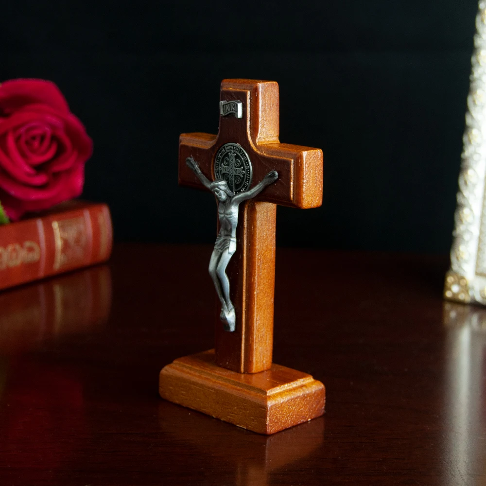 

New Catholic Wooden Cross with Base Pray for your Family and Home Handheld Religious Souvenir Statue of Jesus on Base Box Gift