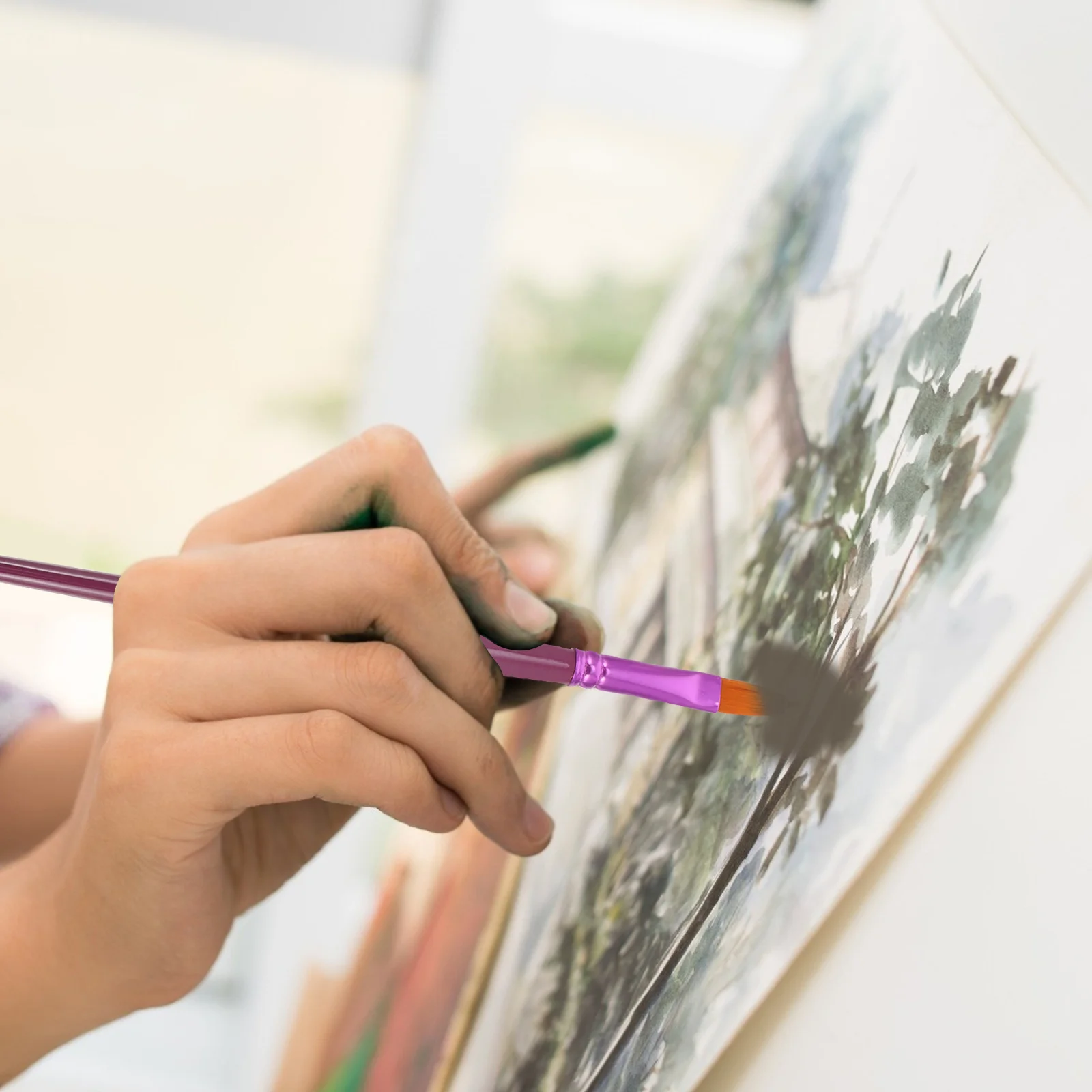 مجموعة فرش فنية مكونة من 12 قطعة من فرش الرسم بالألوان المائية من الخشب الطبيعي مع أطراف مسطحة لرسم الحرف اليدوية والرسم الزيتي #6