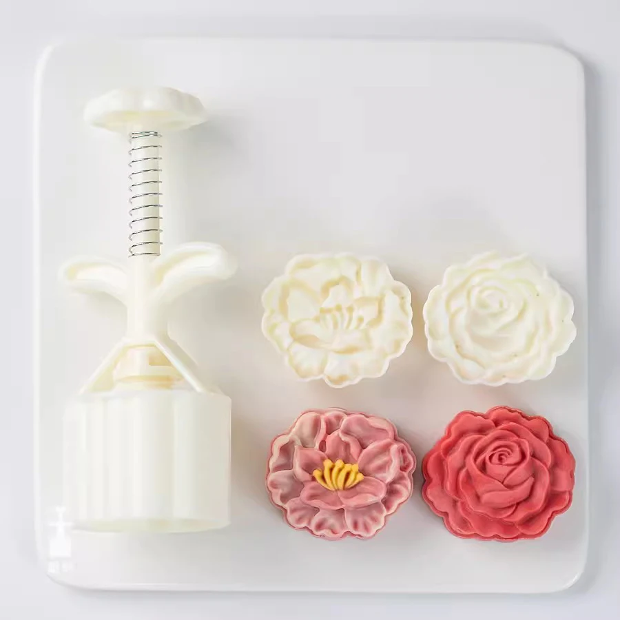 2Pcs/Set 75g Magnolia Mooncake Plunger Mold Rose Flower Cookie Cutter Stamp Mid-Autumn Festival Pastry Dessert Baking Decoration