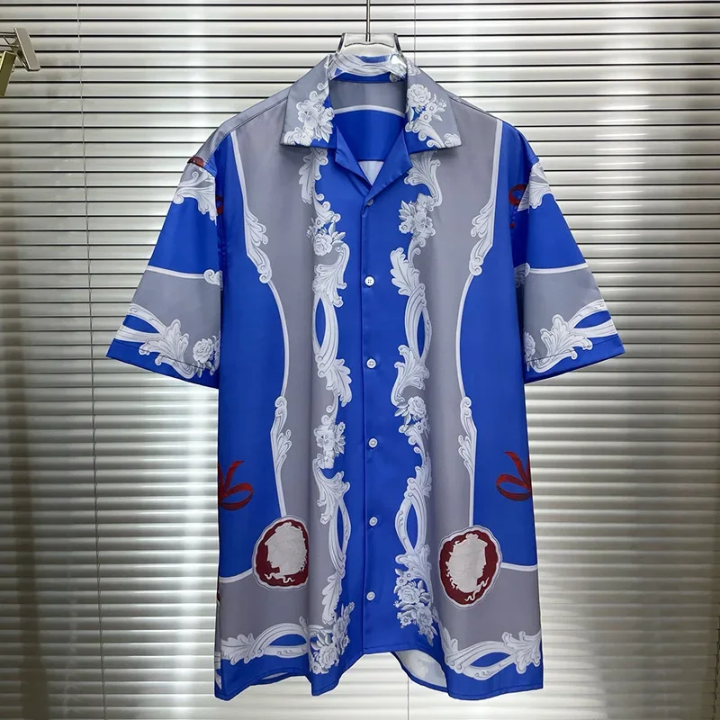 

Luxury Royal Pink Shirts for Men Summer Clothes Casual Short Sleeve Social Paisley Digital Printing Shirt Chemise Homme De Luxe