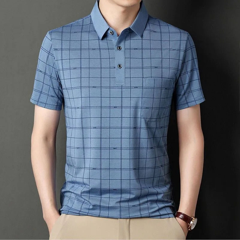 Business Casual Men Smooth Plaid Polo Shirts Streetwear Male Clothes Summer New Short Sleeve Fashion Casual Versatile Basic Tops