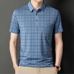 Business Casual Men Smooth Plaid Polo Shirts Streetwear Male Clothes Summer New Short Sleeve Fashion Casual Versatile Basic Tops