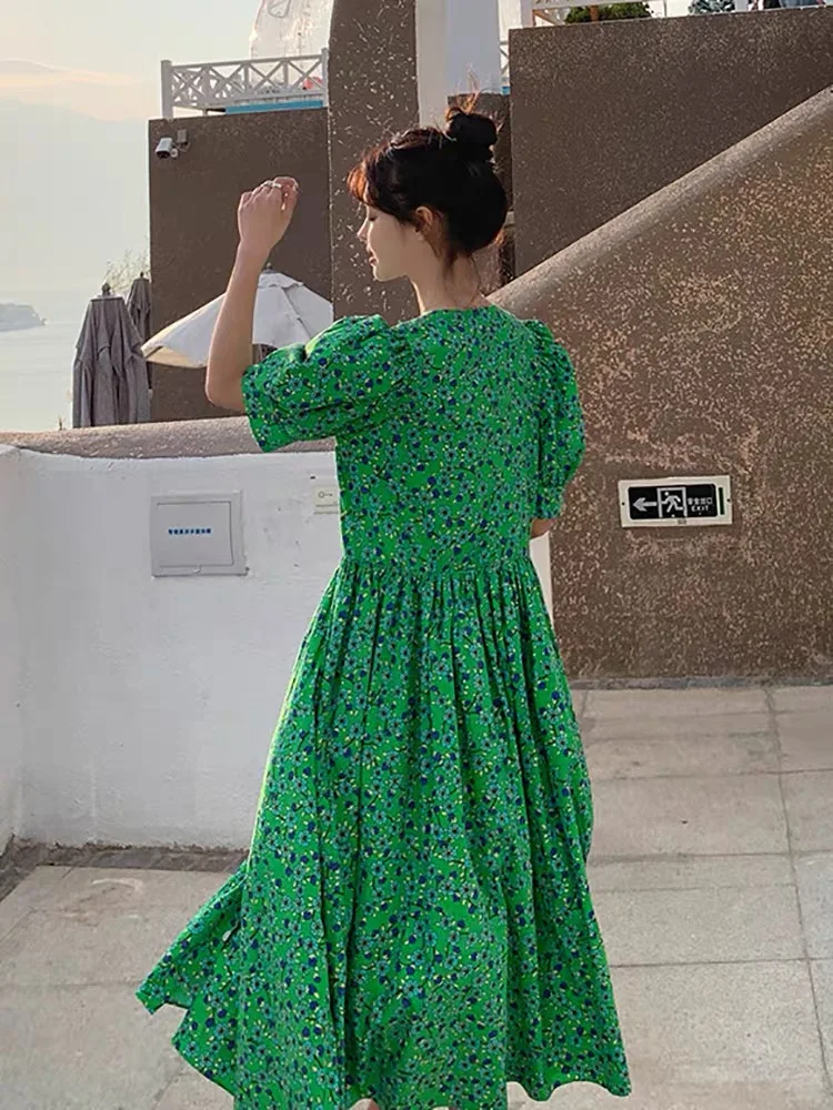Summer Green Floral Print Short Sleeve Women Dress Fashion Casual Loose Elegant Puff Sleeve Long Dresses