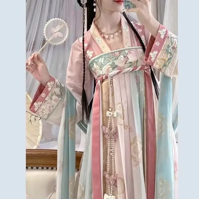 Tang-dynastie Roze Geborduurde Prinses Jurken Chinese Traditionele Hanfu voor Vrouwen Oude Volksdans Carnaval Cosplay Kostuums