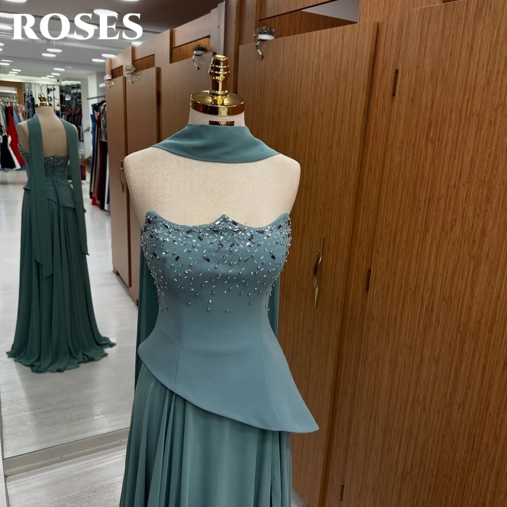 

ROSES Simple Green Strapless Evening Dresses with Scarf A-Line Prom Dresses Beadings Party Formal Gown robe de bal Customized