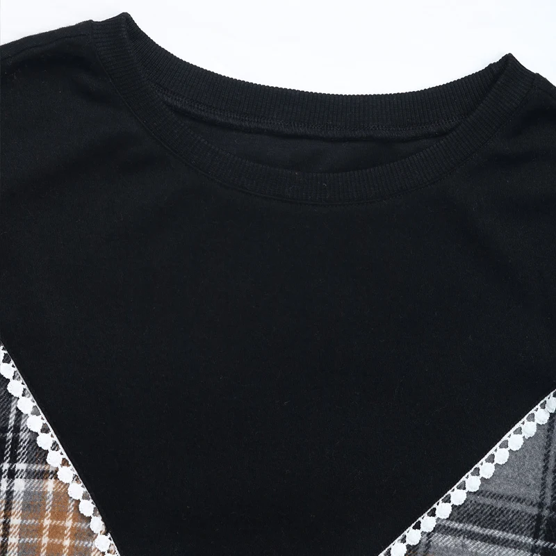 سويت شيرت نسائي أسود منقوش بألواح متباينة - بلوفر كاجوال فضفاض برقبة دائرية وأكمام طويلة مزين بالدانتيل #3