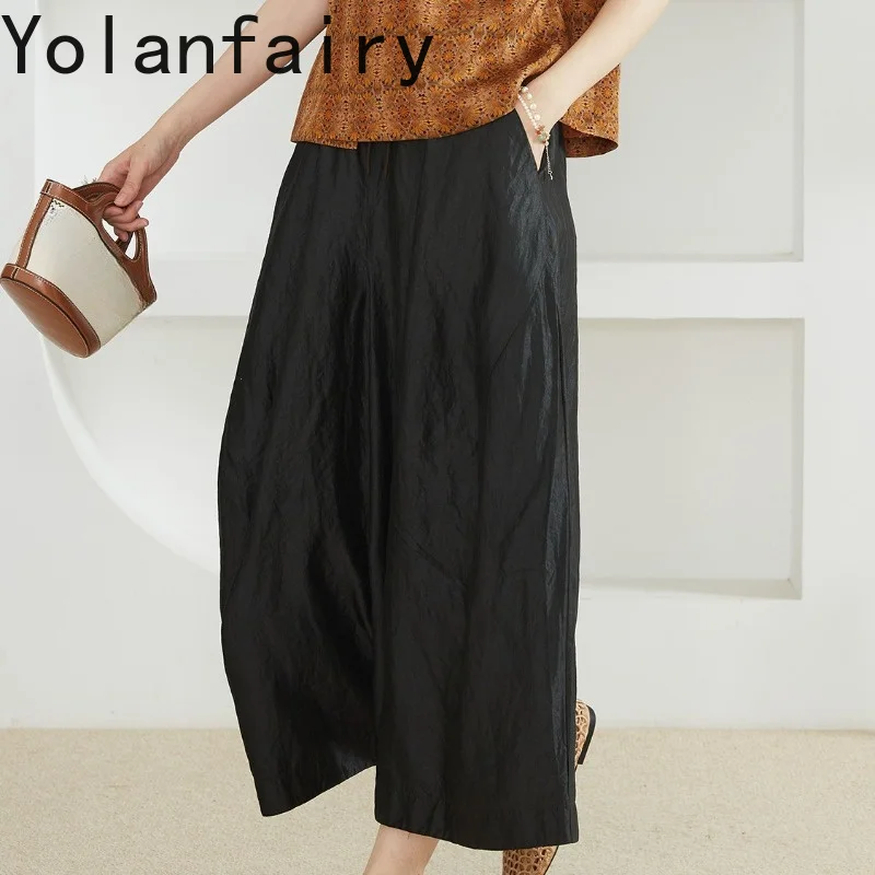 YOLANFAIRY 100% Mulberry Silk Cropped Wide Leg Pants High Quality Summer Pants Women Heavyweight Xiangyunsha Casual Tousers 슬랙스