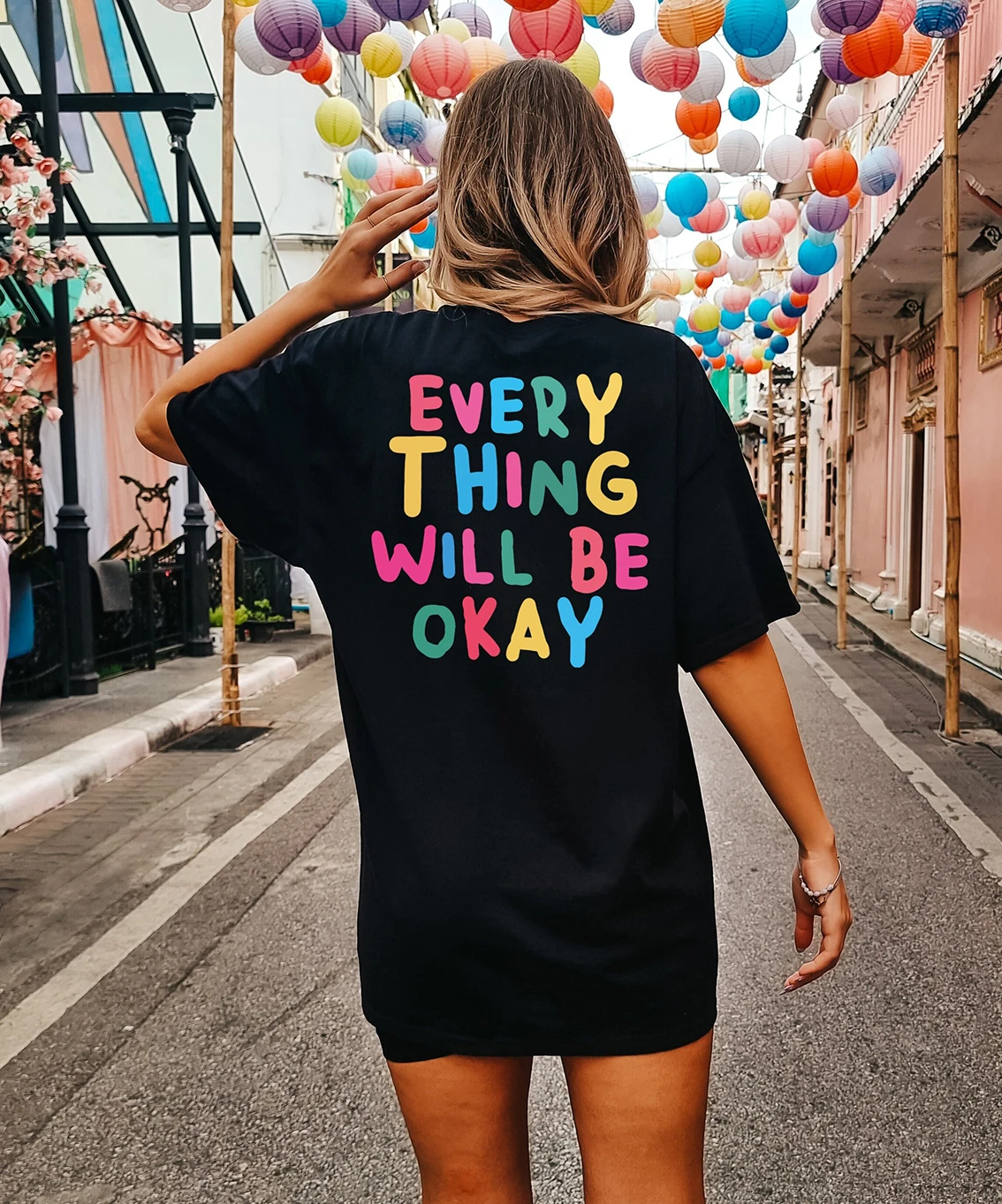 Everything Will Be Okay back print Colored Oversized T-Shirt Positive sayings Loose Tee Women Trendy Casual cotton Aesthetic Top