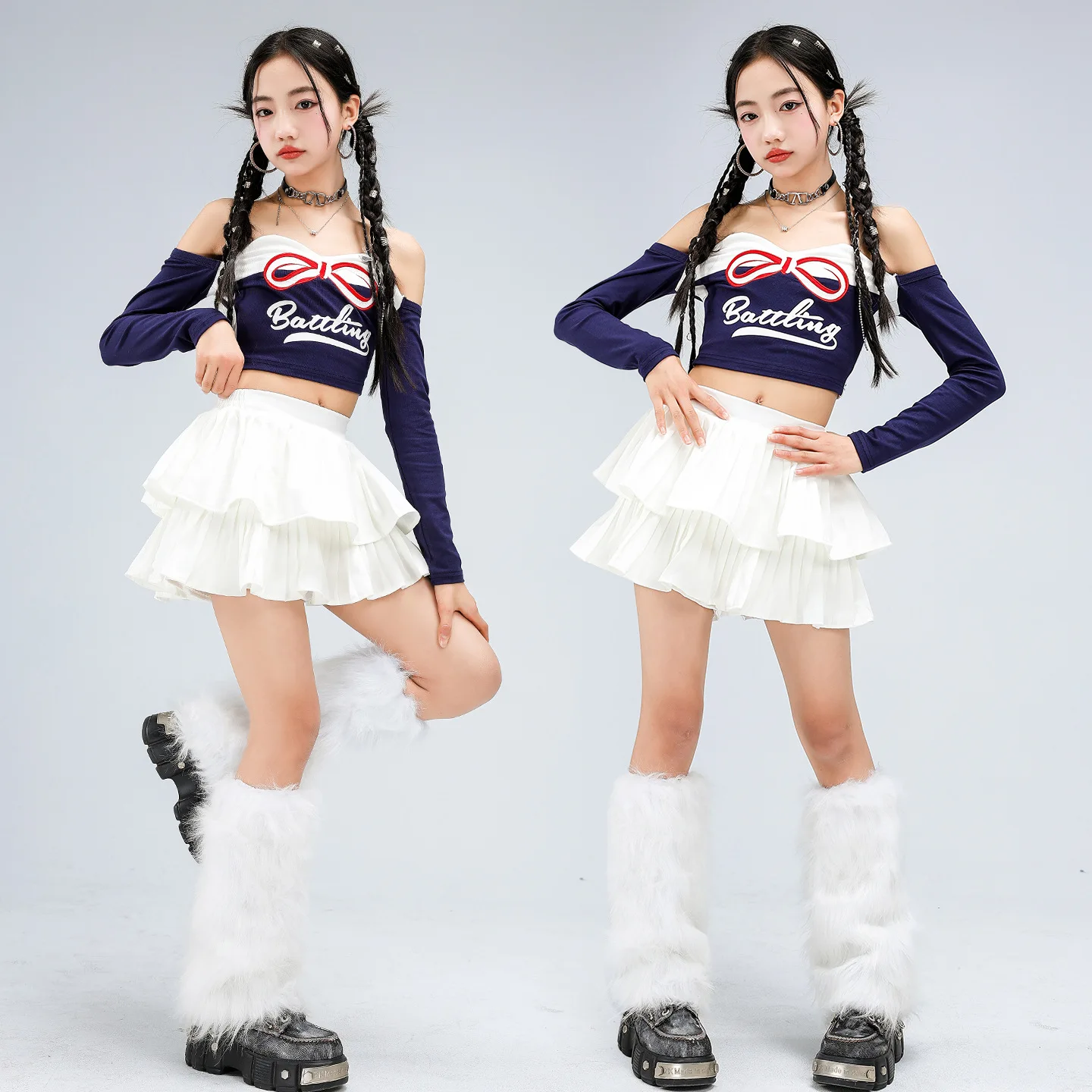 

Детская одежда в стиле K-pop и хип-хоп: темно-синяя укороченная футболка с открытыми плечами и белая многослойная плиссированная мини-юбка для девочек, костюмы для танцев
