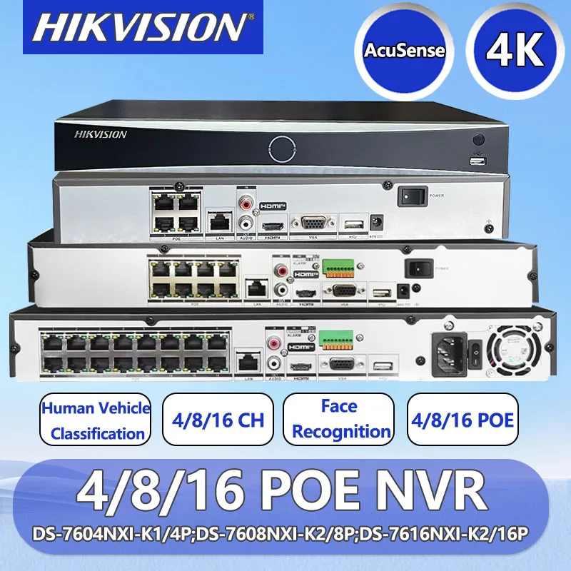 Hikvision-acusenseビデオレコーダー,IPカメラ用,4k,nvr,8,16 ch,poe kシリーズ,DS-7604NXI-K1/4p,DS-7608NXI-K2/8p,DS-7616NXI-K2/16p