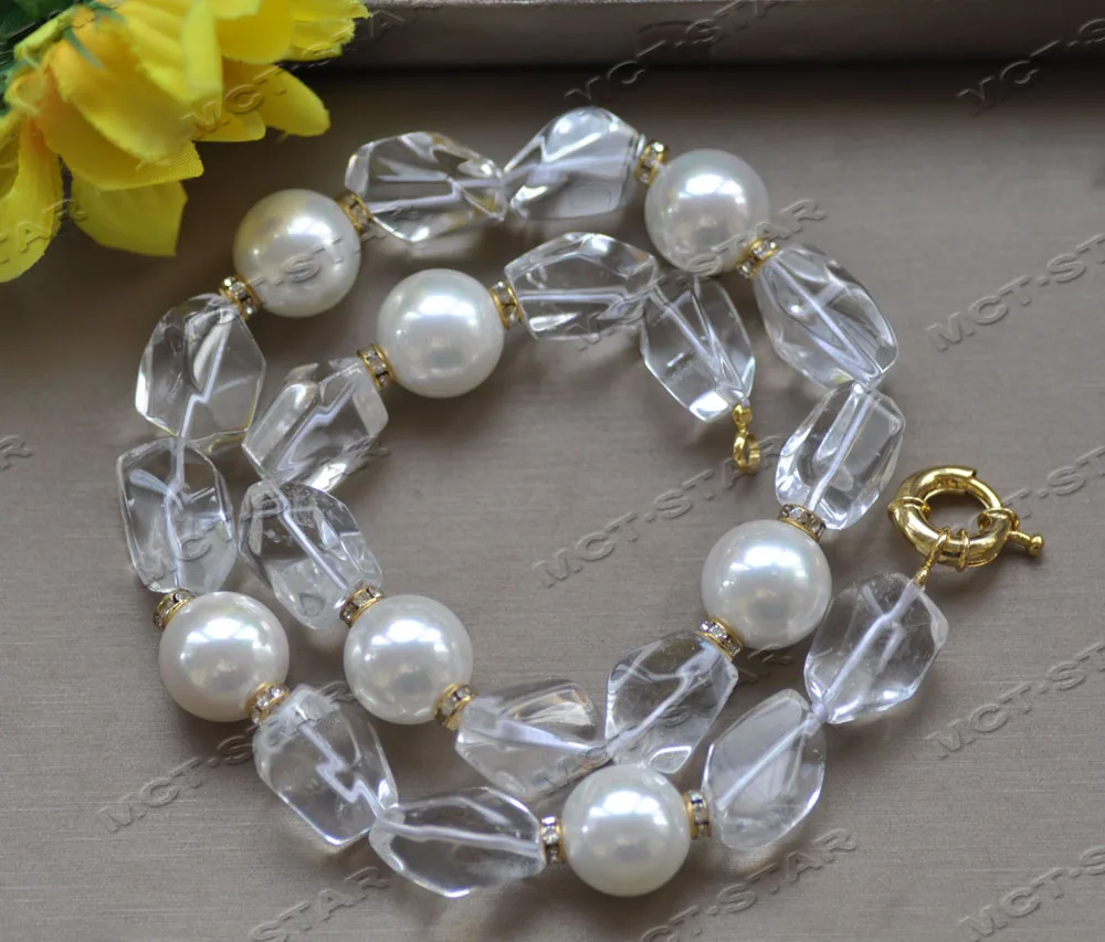 

Z12630 18" 16mm Round South Sea Shell Pearl Clean Faceted Crystal Necklace