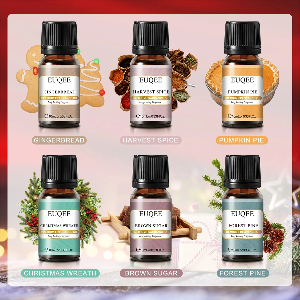 EUQEE-Christmas Fragrance Oils Set for Difusor, Forest Pine, Grinalda de Natal, Açúcar Mascavo, Harvest Spice,Gingerbread, Pumpkin Pie