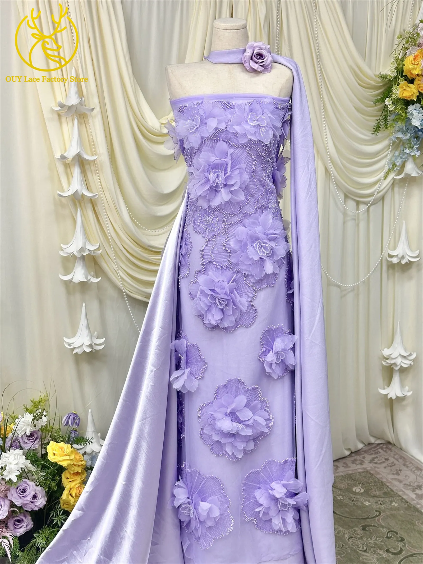 Hochwertige Exquisite 3D-Stickerei Blumen-Tüllspitze Hochwertige Afrikanische Perlen-Pailletten-Spitze Französischer Tüll Hochzeitskleid-Stoff – Detail 16
