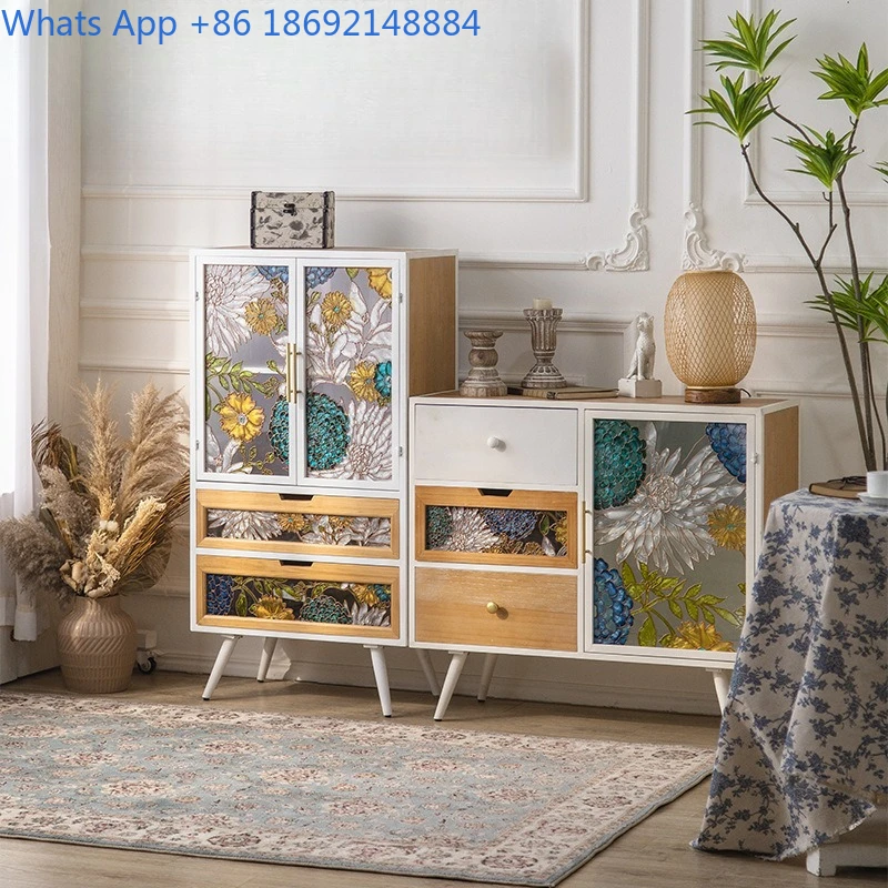 Handmade Enamel Painted Sideboard Cabinet with Glass Doors for Living Room or Dining Area Storage