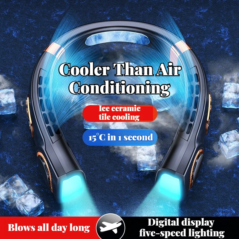 

4000MAH Portable Neck Fan Handheld Mute LED Digital Display Leafless Mini Electric Colorful Atmosphere Lights 5th Gear