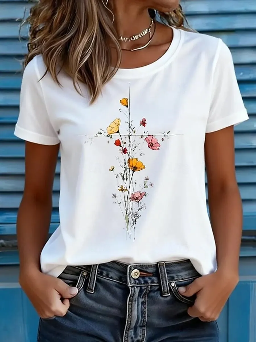Women's Vintage Floral Graphic T Shirt, Crew Neck Short Sleeve Casual Tops, Blue Royal Blue White Hue for Daily Summer Outfit