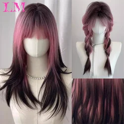 LM Black Pink Ombre Synthetic Wigs for Cosplay Long Straight Layered Wigs with Bangs for Women Heat Resistant Fake Hair