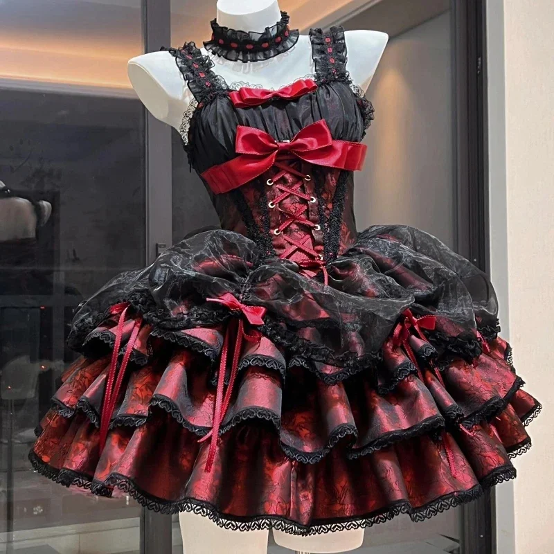 

NEW Japanese Gothic Lolita Jsk Dress Women Harajuku Y2k Bow Lace Ruffles Evening Party Mini Dresses Punk Kawaii Black Red 2025