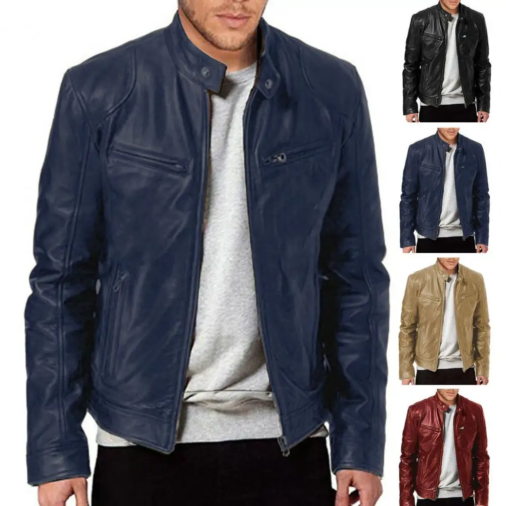 

Men Adjustable Zipper Coat Faux Leather Jacket Windproof Faux Leather Motorcycle Coat with Stand Collar Zipper Pockets for Men