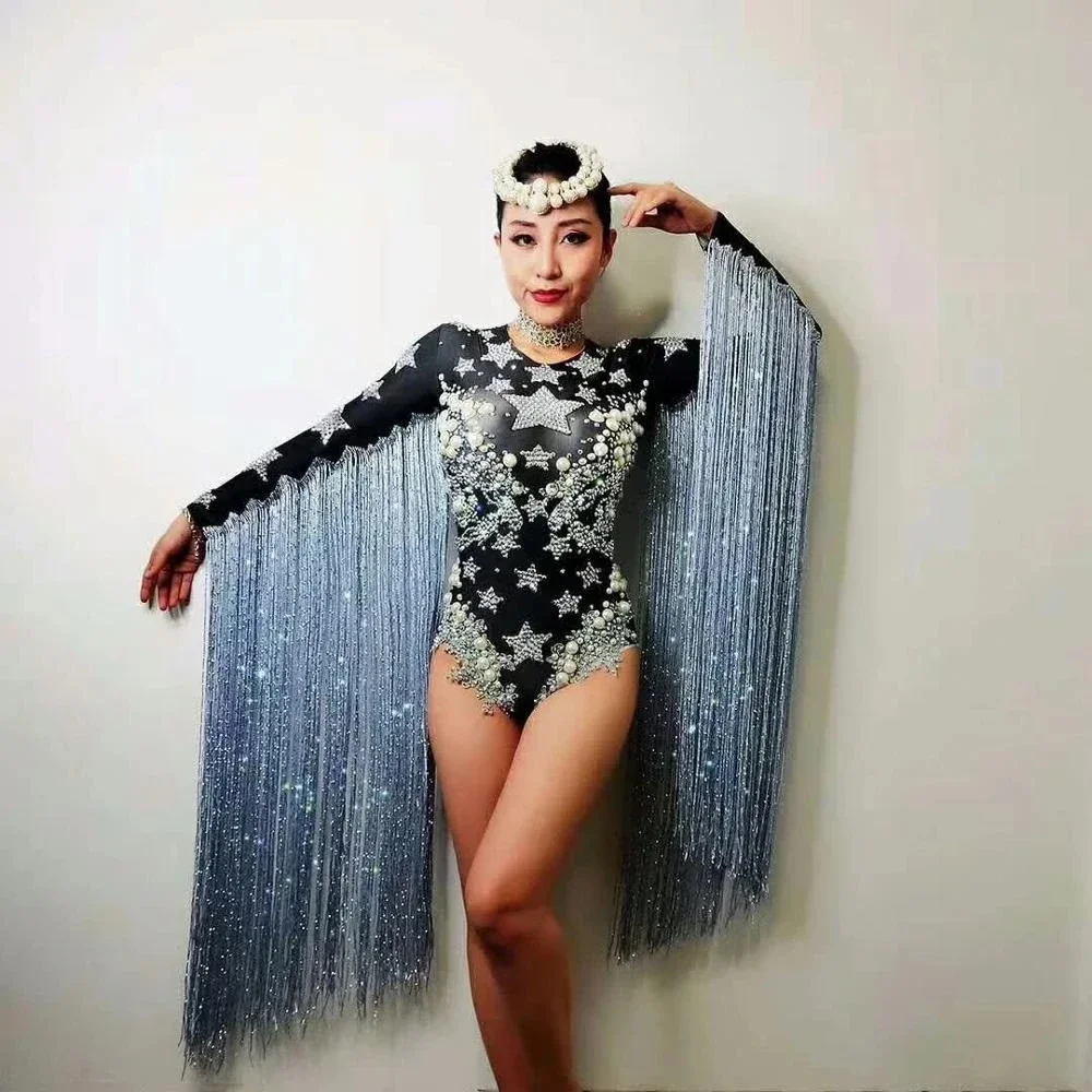 

Party Show Black tassel Pearls Crystals Bodysuit Women Stage Show Stretch Leotard Nightclub Party Big Pearls Costume