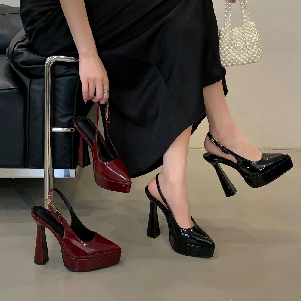 

Women’s High Chunky Platform Closed Toe Block Heels Patent Leather Pointed Toe Ankle Strap Dress Wedding Party Pumps Shoes