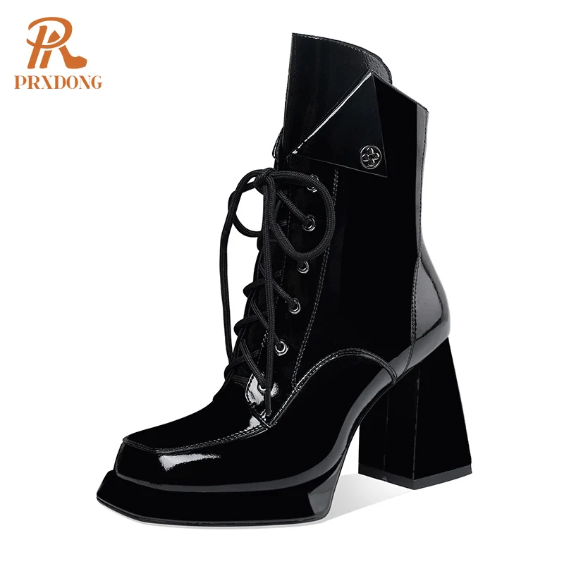 Women\'s 2022 New Autumn Winter Shoes Genuine Patent Leather Chunky High Heel Platform Black White Dress Party Female Ankle Boots