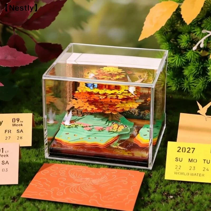 Time Piece Calendar  Desk Calendar With LED Light 3D Tear-away Calendar Paper Carving Art Memo Pad Notepad Desktop Decor〔Nest〕