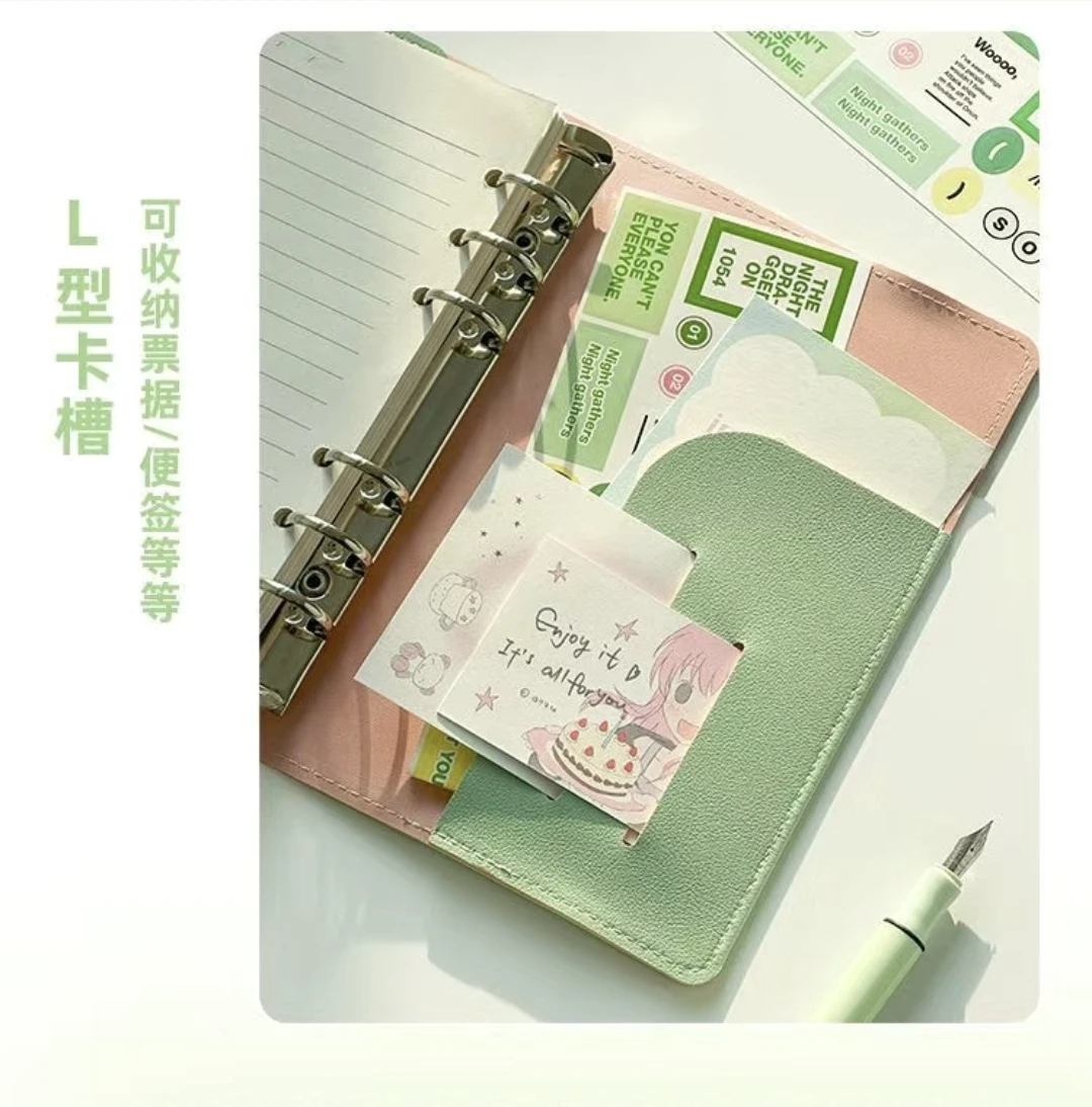 New Color contrast detachable soft leather 6-ring binder notebook with pen insert and binding, 60 sheets of 120-page line  paper