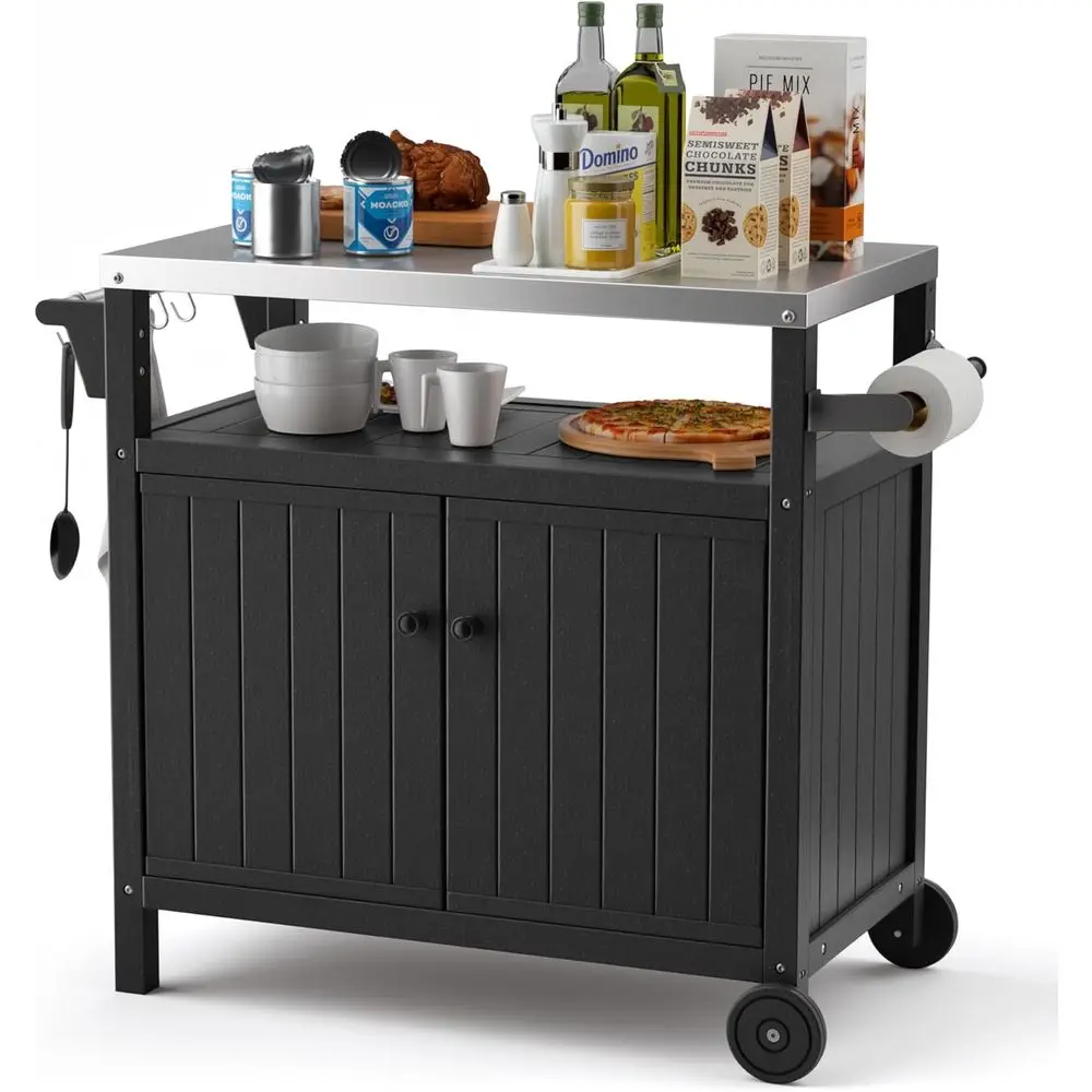 

Черный уличный стол для гриля с местом для хранения, водонепроницаемый шкаф, кухонный остров из нержавеющей стали, передвижная тележка для барбекю с крючками