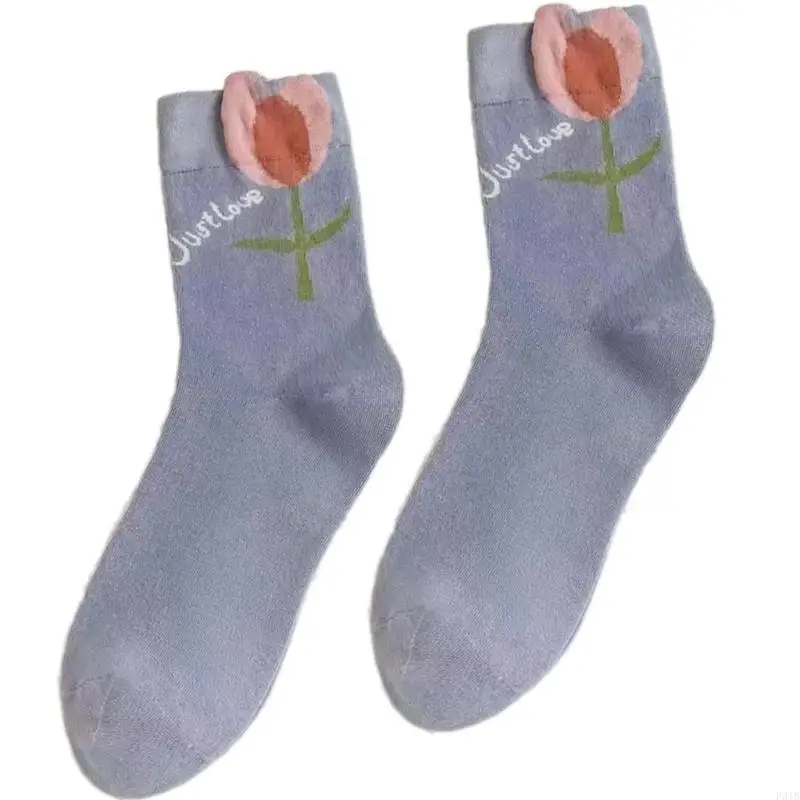 

Fashion Korean Flower Midcalf Socks For Women and Teens Middle Tube Breathable Cotton Knee Highs Socks for Daily Wear P31B