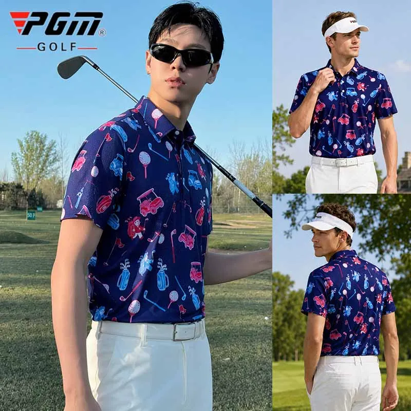 PGM Golf Men Short Sleeved T-shirt Summer Printed Quick Drying Polo Shirt Male Breathable Anti-Sweat Lapel Top Golf Clothing