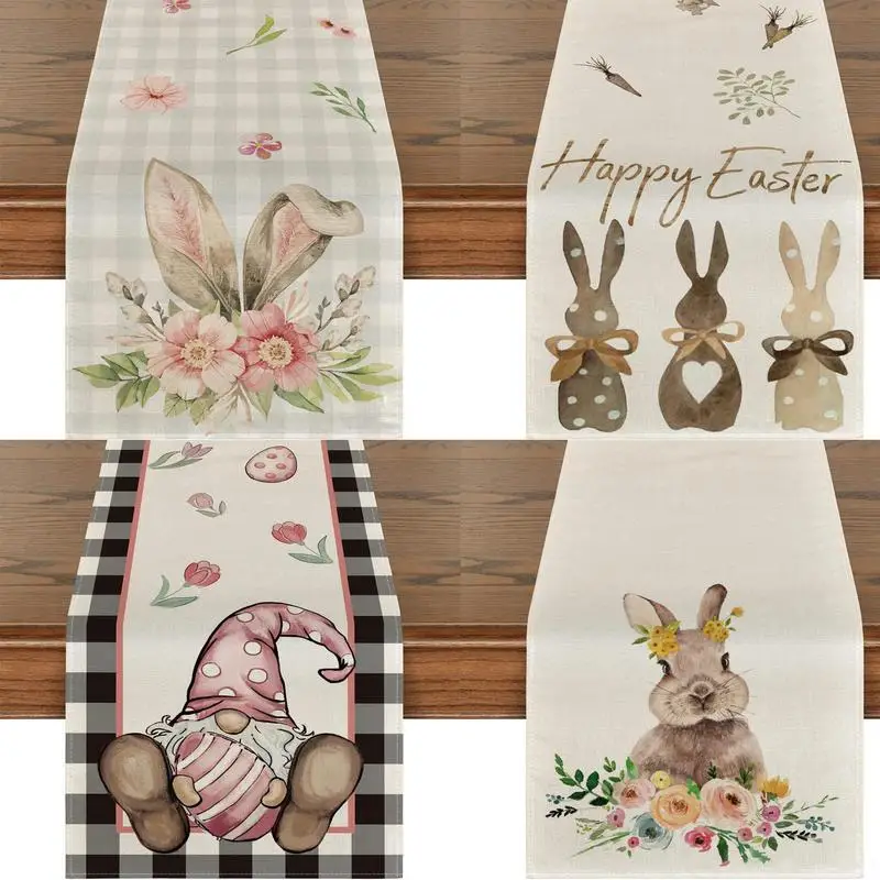 Easter Bunny Table Runner Linen Gnome Eggs Rabbit Dining Table Cloth Easter Placemat Decoration For Home Kitchen 2024 Spring