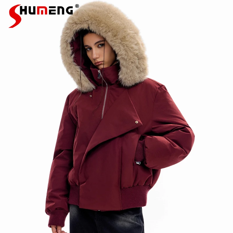 

Women 2025 Winter New Sweet Parkas Sexy American Style Retro Cotton Jackets Faux Fur Collar Solid Color Long Sleeve Hooded Coats