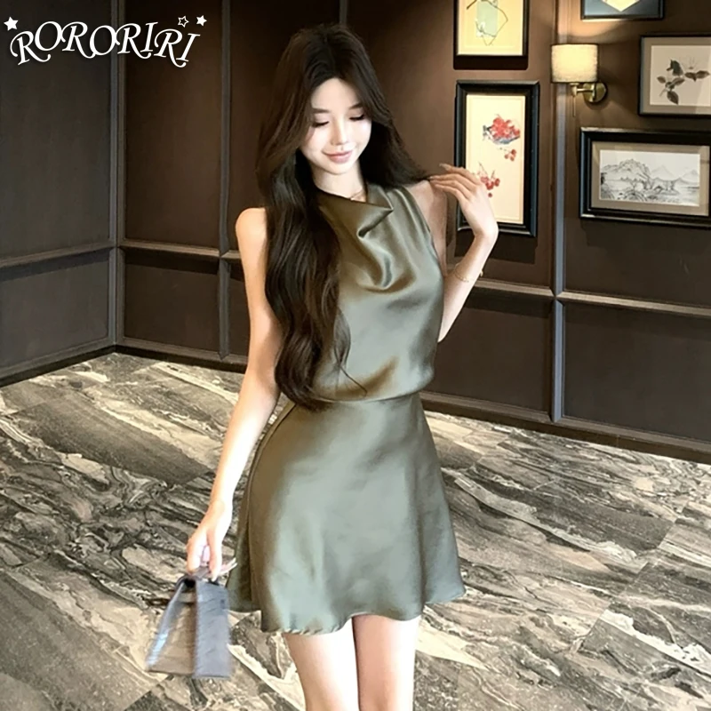 RORORIRI Draped COLLAR ซาตินชุดมินิผู้หญิงแขนกุด Off-Shoulder Slit Backless Desire One-piece Retro Elegant เสื้อผ้า