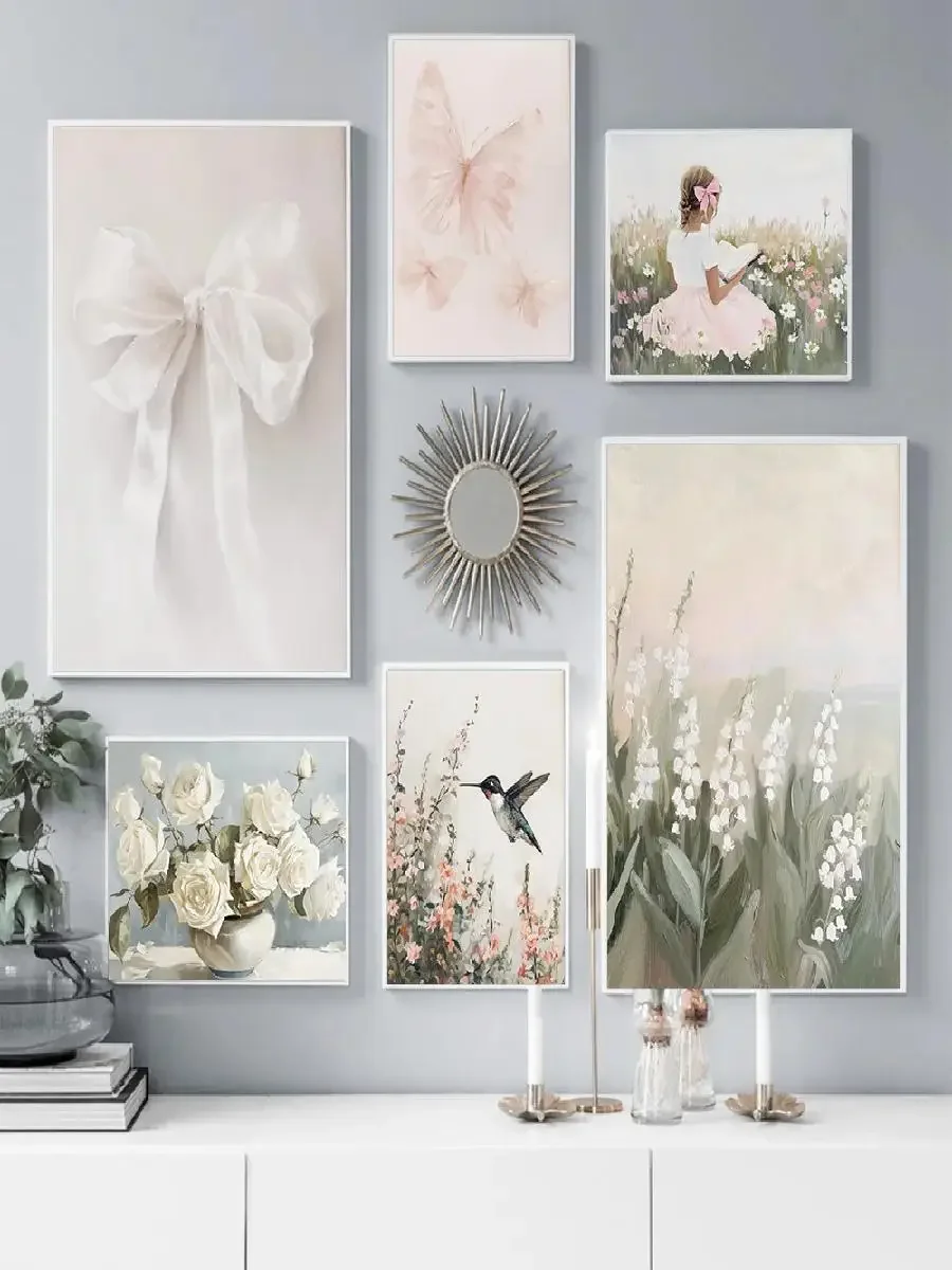 1pc frameless Canvas Painting Vintage Spring Wildflowers White Roses Clouds Swans Bunny Poster Prints Canvas Painting Wall Art P