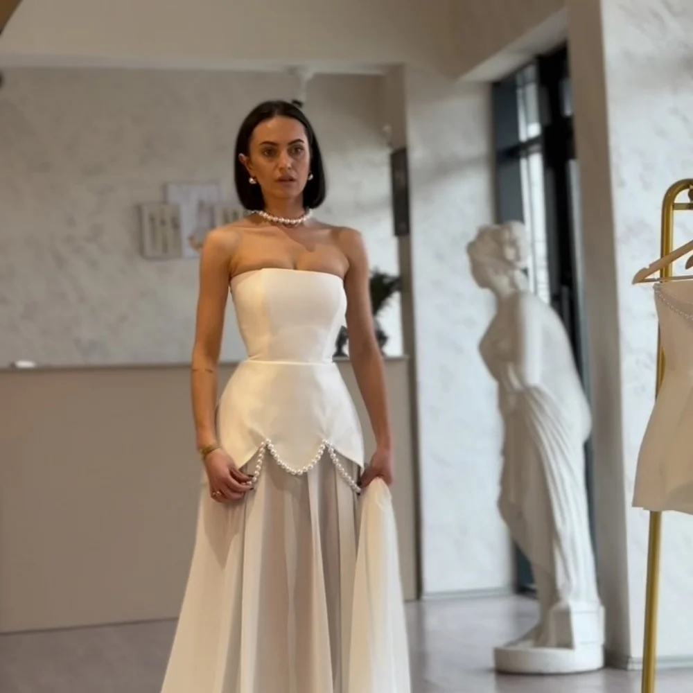 Amanda Customized White Pearls Strapless Two-Piece Set Prom Dresses Sleeveless vestidos de noche Satin A-line Formal Evening image 4