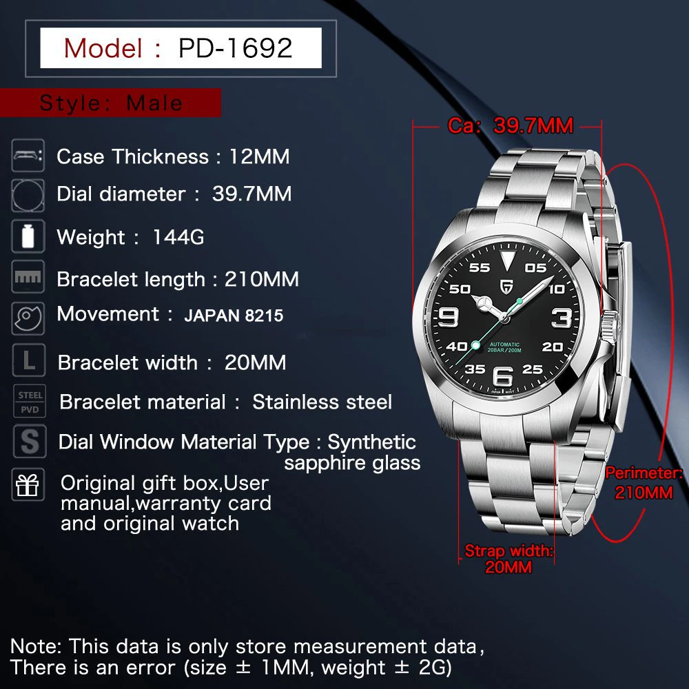 PAGANI DESIGN PD-1692 Men Mechanical Wristwatches Luxury Sapphire Glass AR Coated Automatic Watches 20bar Waterproof Watch Men