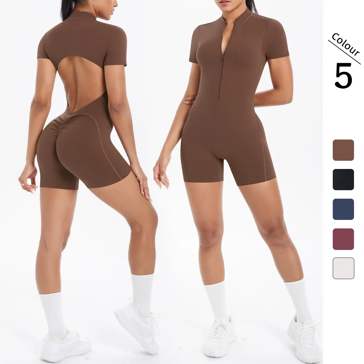 

2025 Summer Women's Solid Color Zip-Up Yoga Jumpsuit Backless Tight Fit Breathable for Running Fitness Premium Active One-Piece