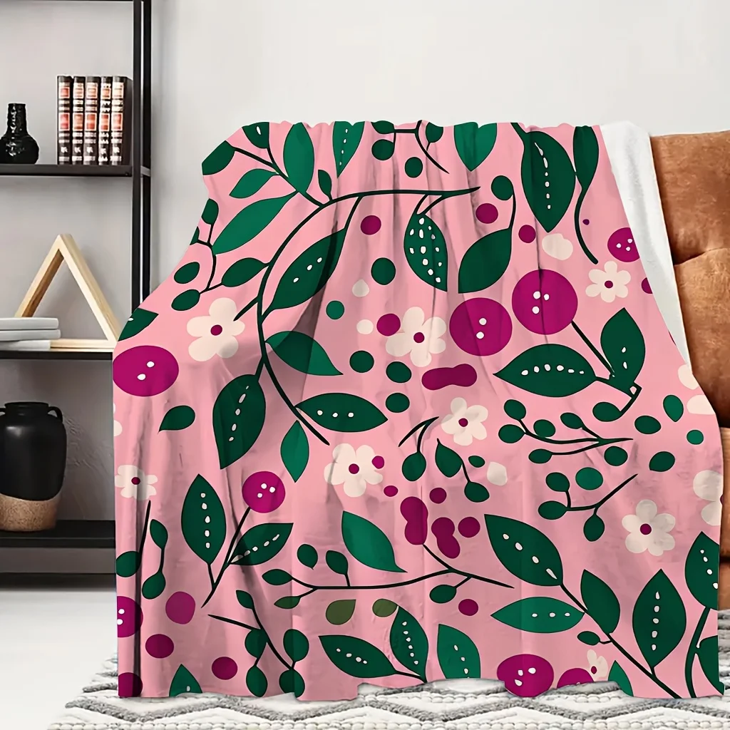 1pc Pink Green Tiny Berry Leaf Repeating Floral Print Flannel Blanket, Soft and Portable, Suitable for Blankets, Kid Bed Covers,